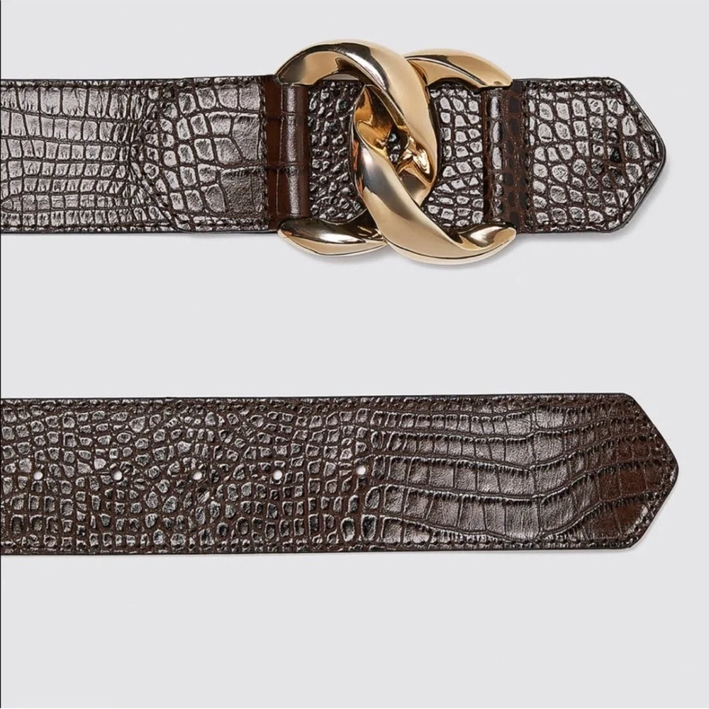 Zara Leather Brown Croc-Embossed Belt with Gold Buckle